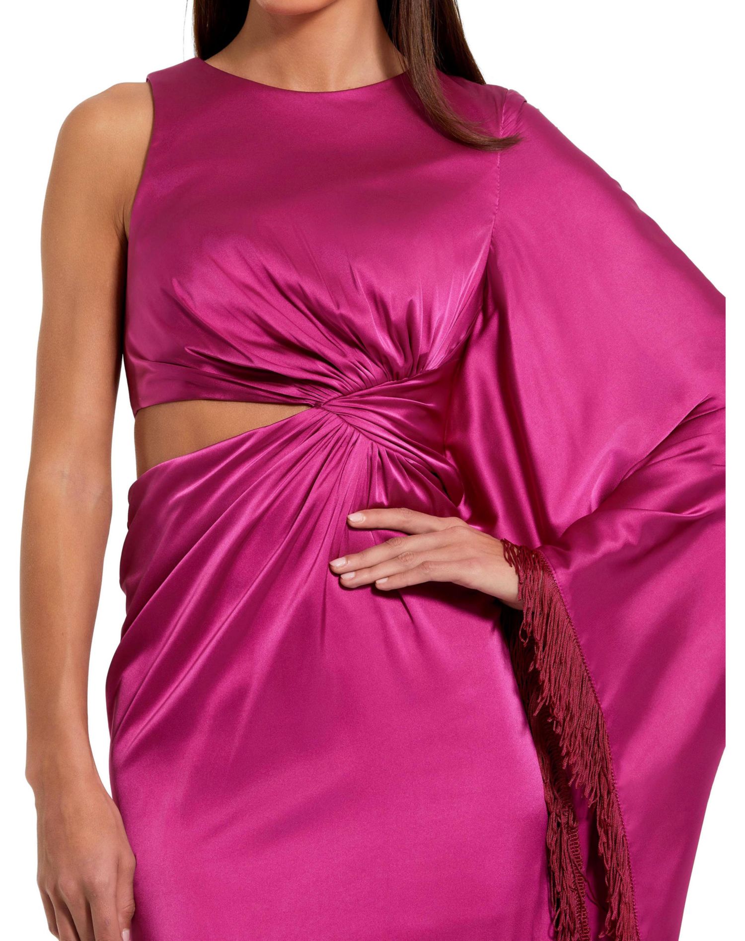 Women's Charmeuse Kaftan Sleeve Assymetrical Fringe Gown