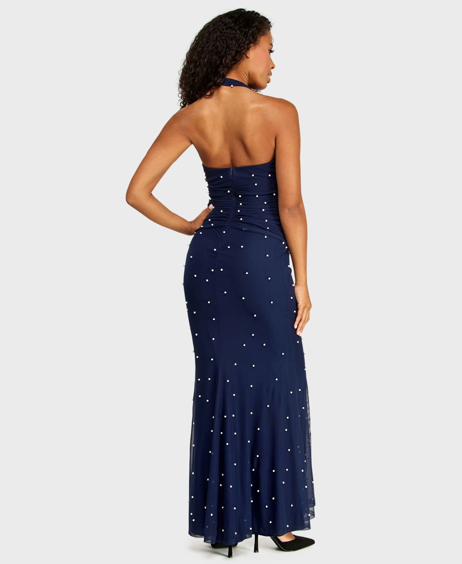 Juniors' Halter Mesh and Imitation Pearl Gown with Ruched Bodice