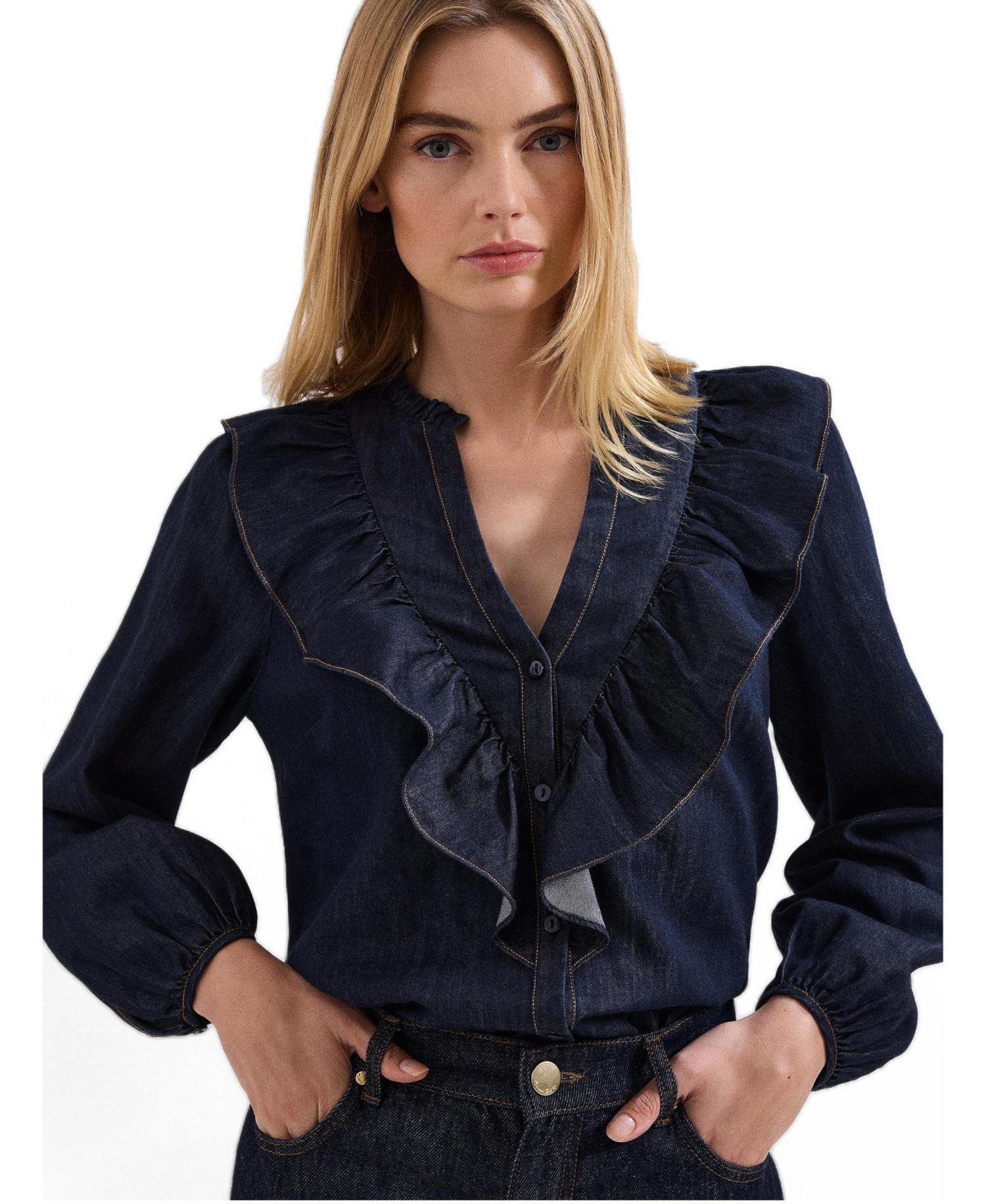 Women's Alexia Denim Ruffle V-Neck Blouse