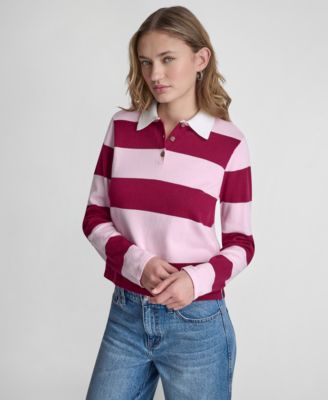 Women's Long-Sleeve Logo Charm Multi-Stripe Cotton Polo Sweater