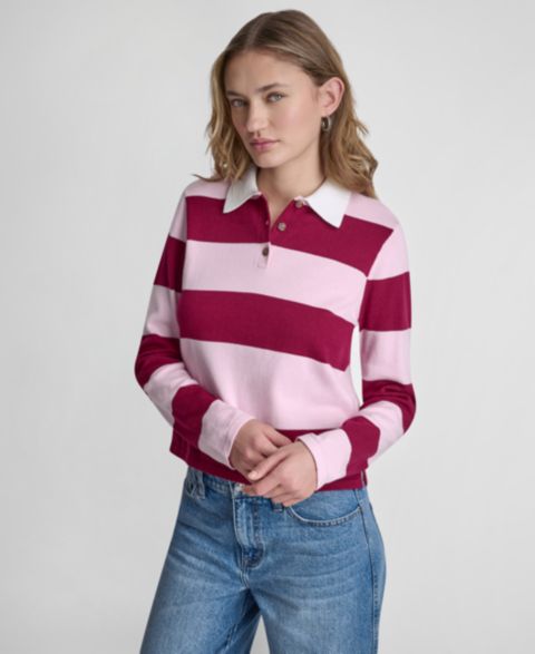 Женский свитер DKNY Jeans Long-Sleeve Logo Charm Multi-Stripe Cotton Polo, цвет: Свекольный / Розовый туманный