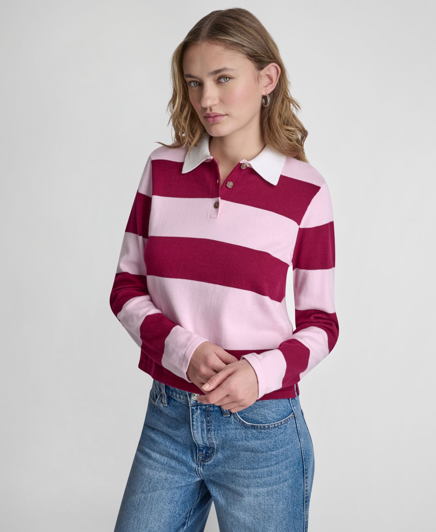Women's Long-Sleeve Logo Charm Multi-Stripe Cotton Polo Sweater