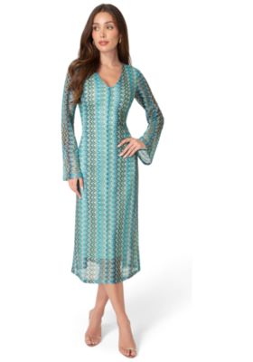 Women's Crochet Stripe Bell Sleeve Maxi Dress