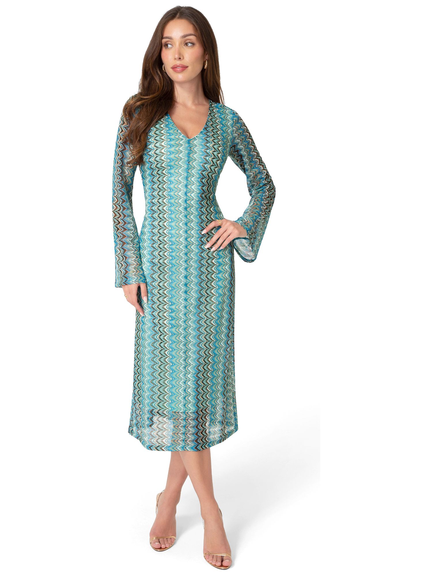 Women's Crochet Stripe Bell Sleeve Maxi Dress