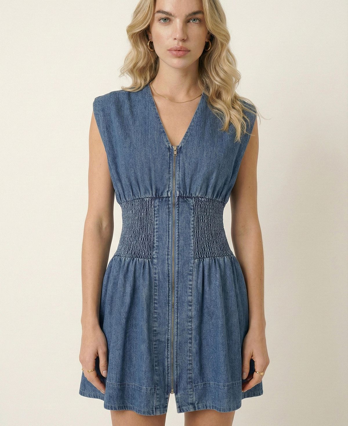 Modenaire Women's Denim Cap-Sleeve Smocked-Waist Mini Dress view 8 — MAYCSS fashion products
