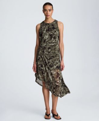 Women's Sheer Mesh Overlay Asymmetric Hem Midi Dress