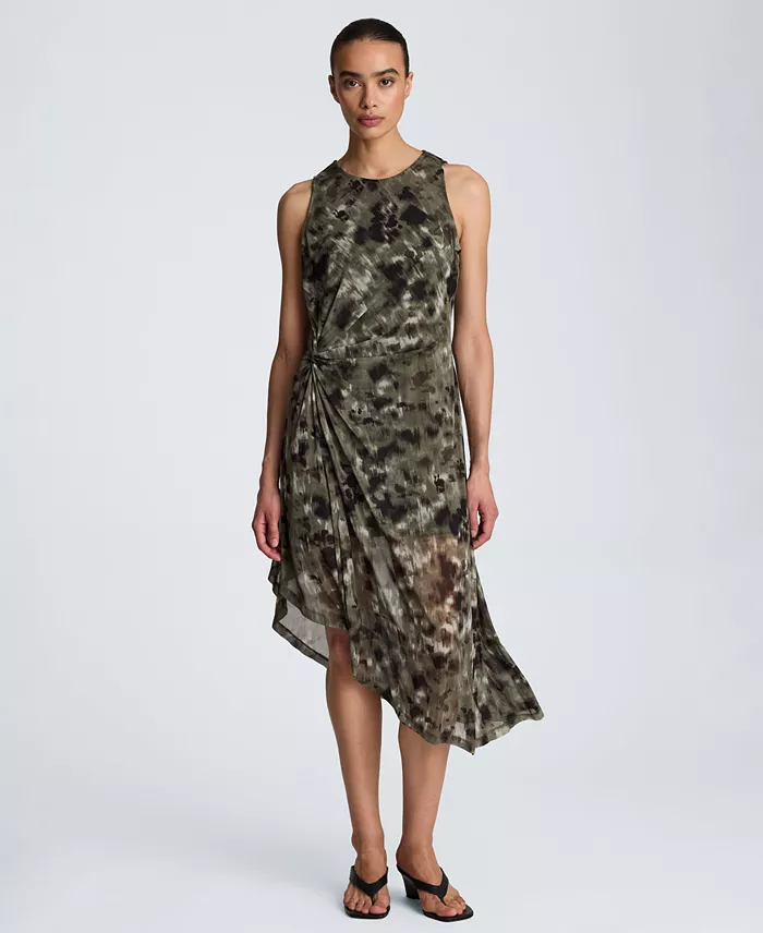 Women's Sheer Mesh Overlay Asymmetric Hem Midi Dress