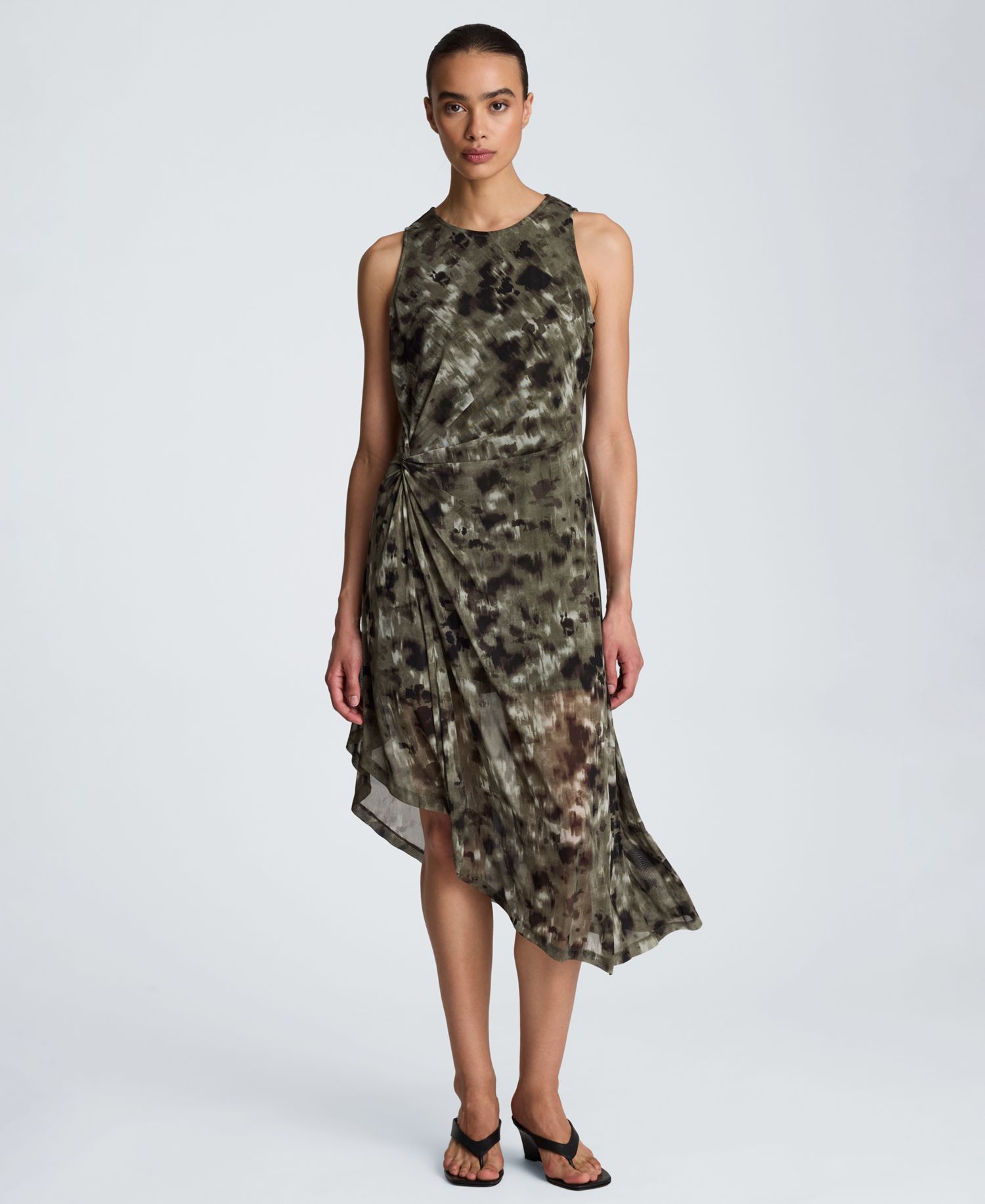 Women's Sheer Mesh Overlay Asymmetric Hem Midi Dress