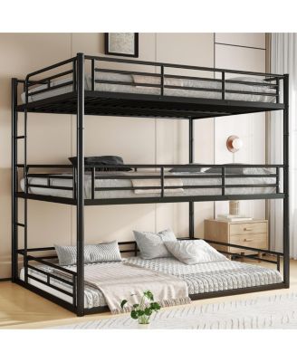 Queen Triple Metal Bunk Bed with Safety Guardrails