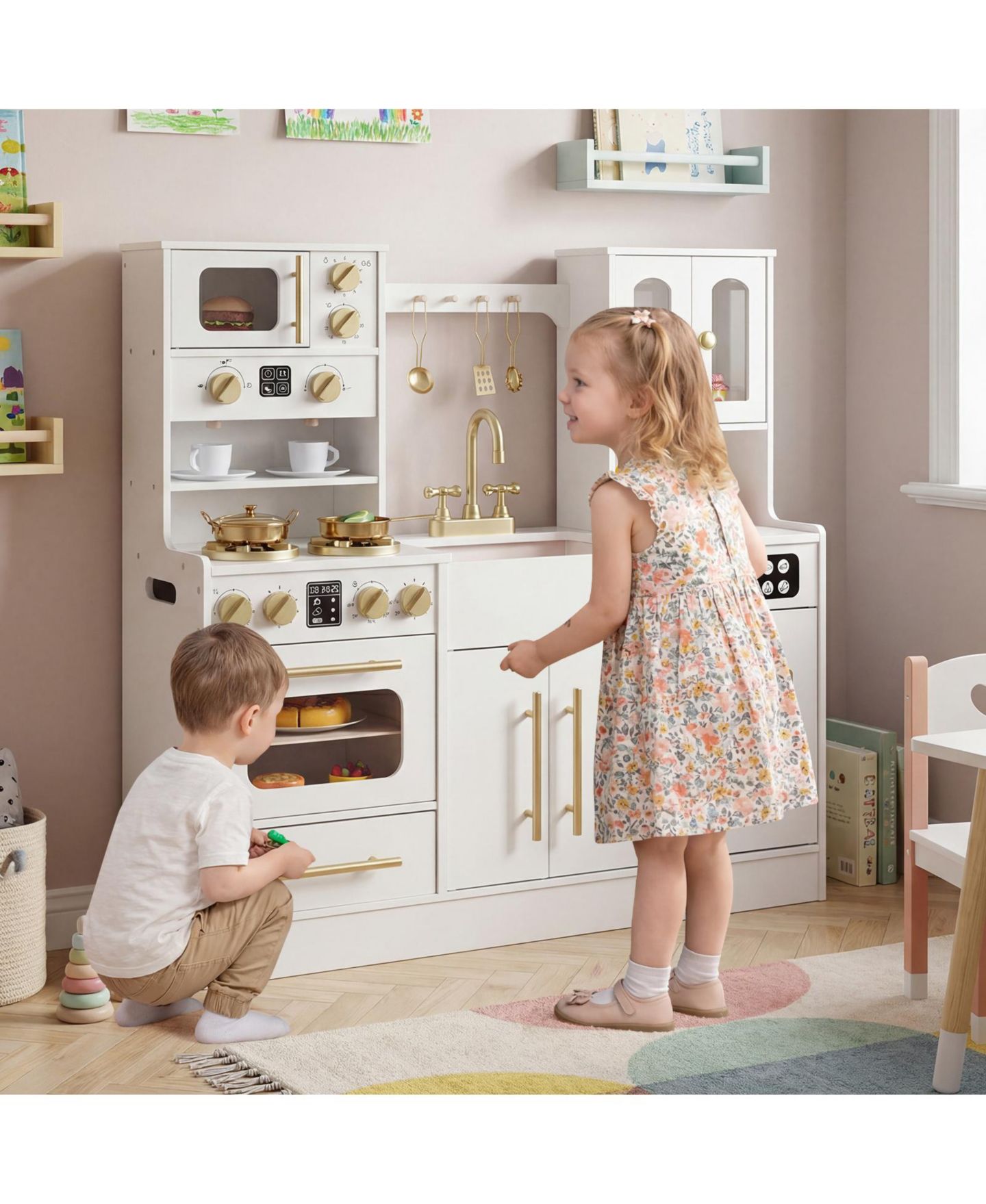 Детский игровой набор Gymax Wooden Kitchen Playset with Lights and Sounds, Ages 3+, цвет: Белый — фото 4