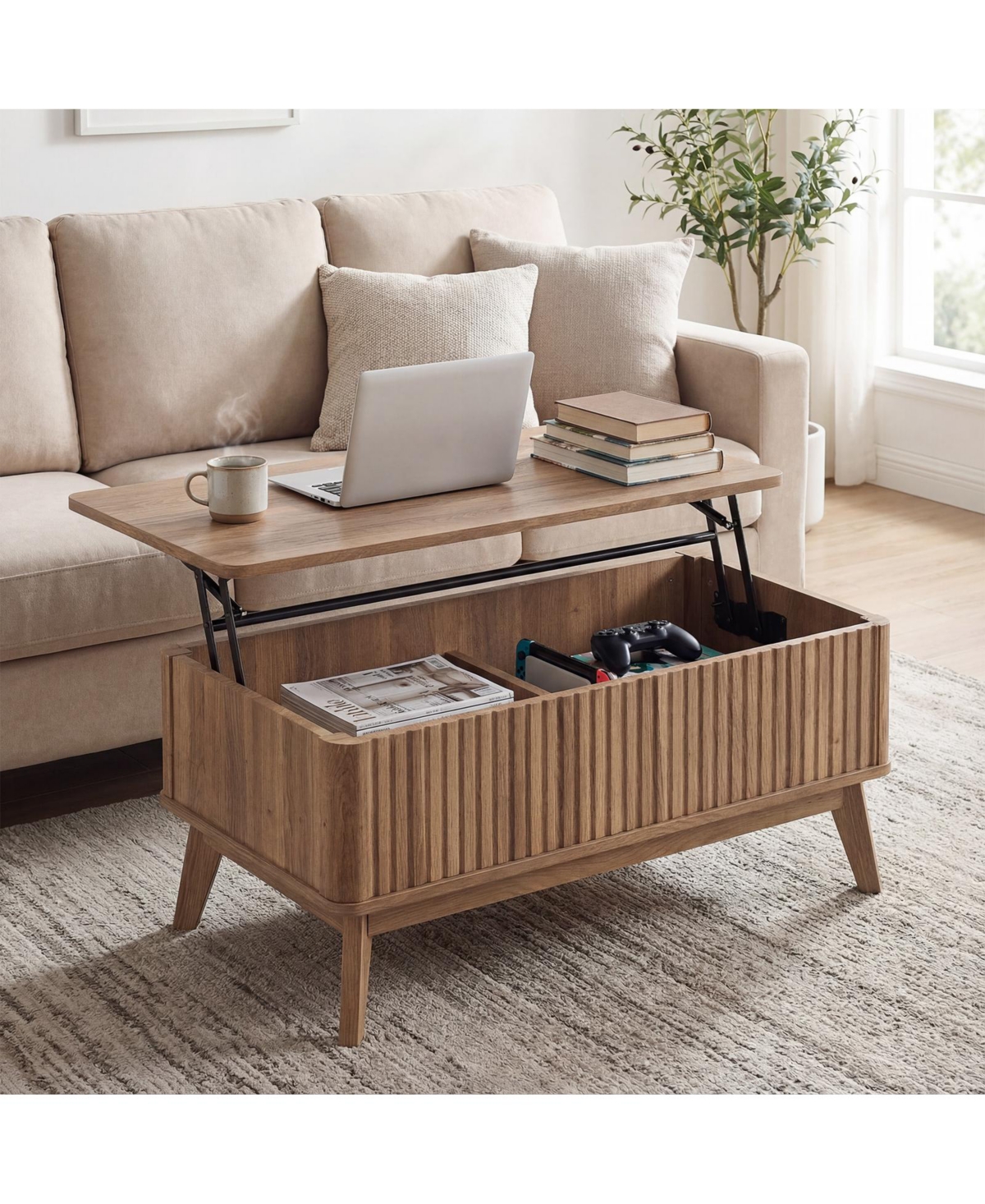 Gymax Fluted Lift Top Coffee Table with Lift Tabletop Hidden Compartments for Home