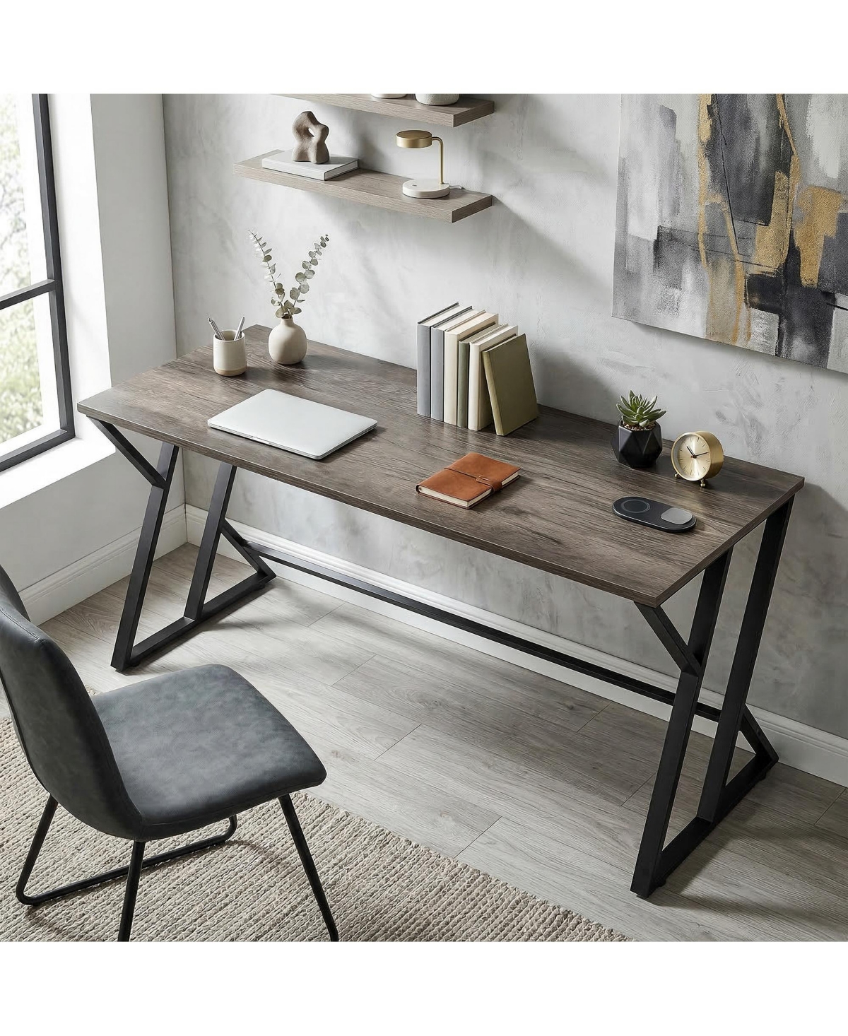 Homcom 55 Inch Computer Desk, Industrial Writing Desk with Z-Shaped Leg