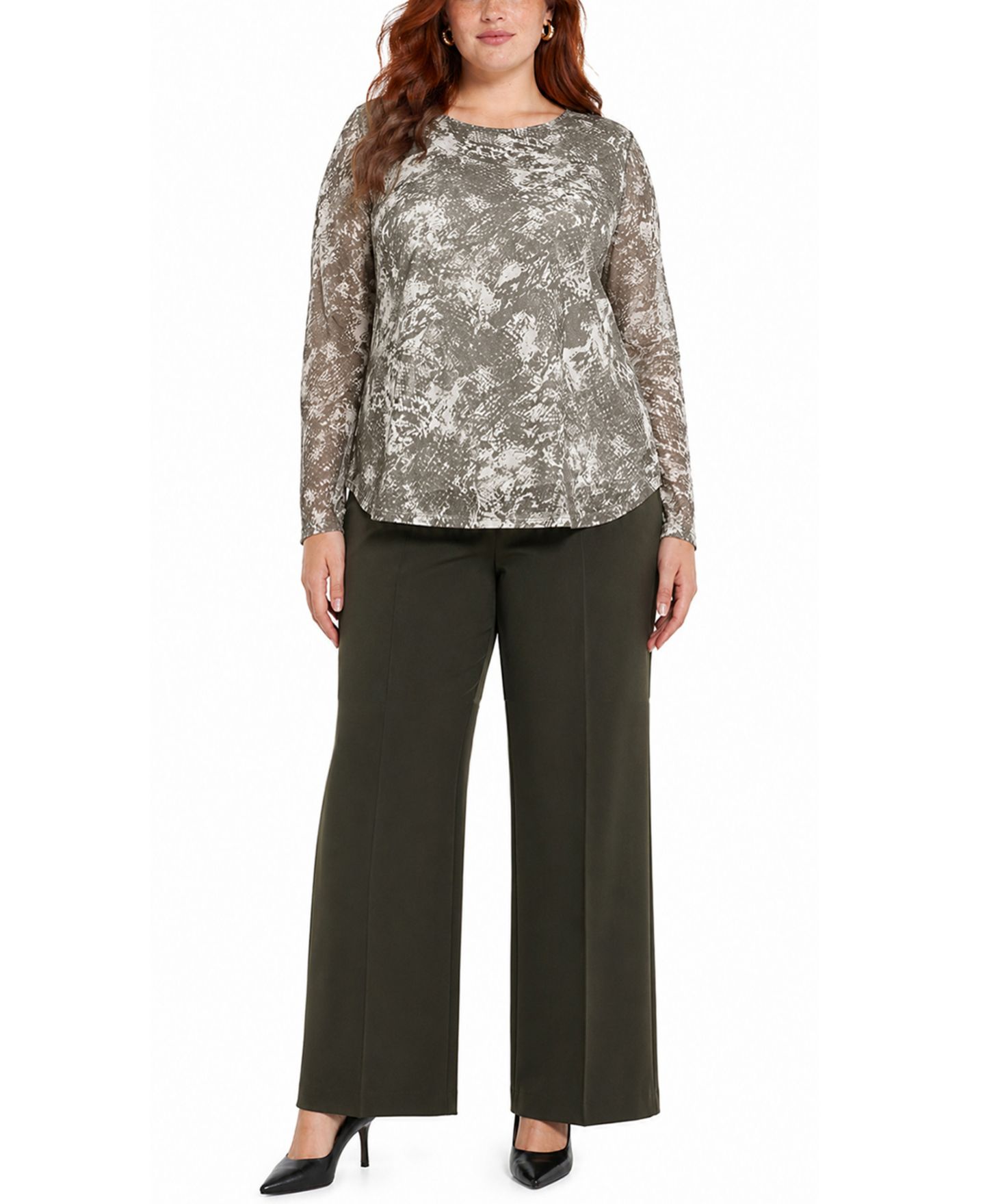 Женский топ COIN 1804 Plus Size Python Mesh Scoop Neck, цвет: Слоновая кость оливковый — фото 4