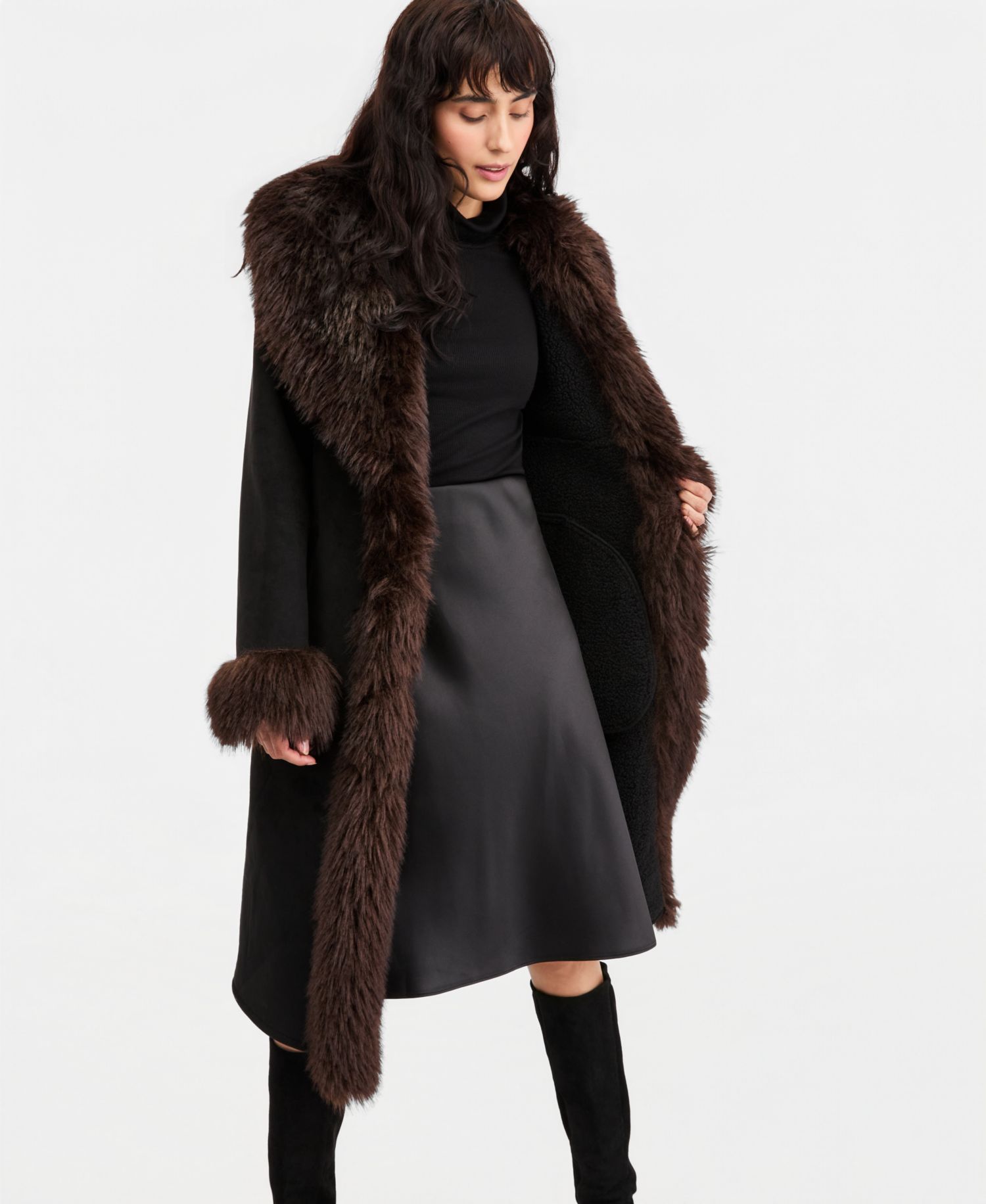 Women's Faux-Fur-Shawl-Collar Faux-Shearling Coat