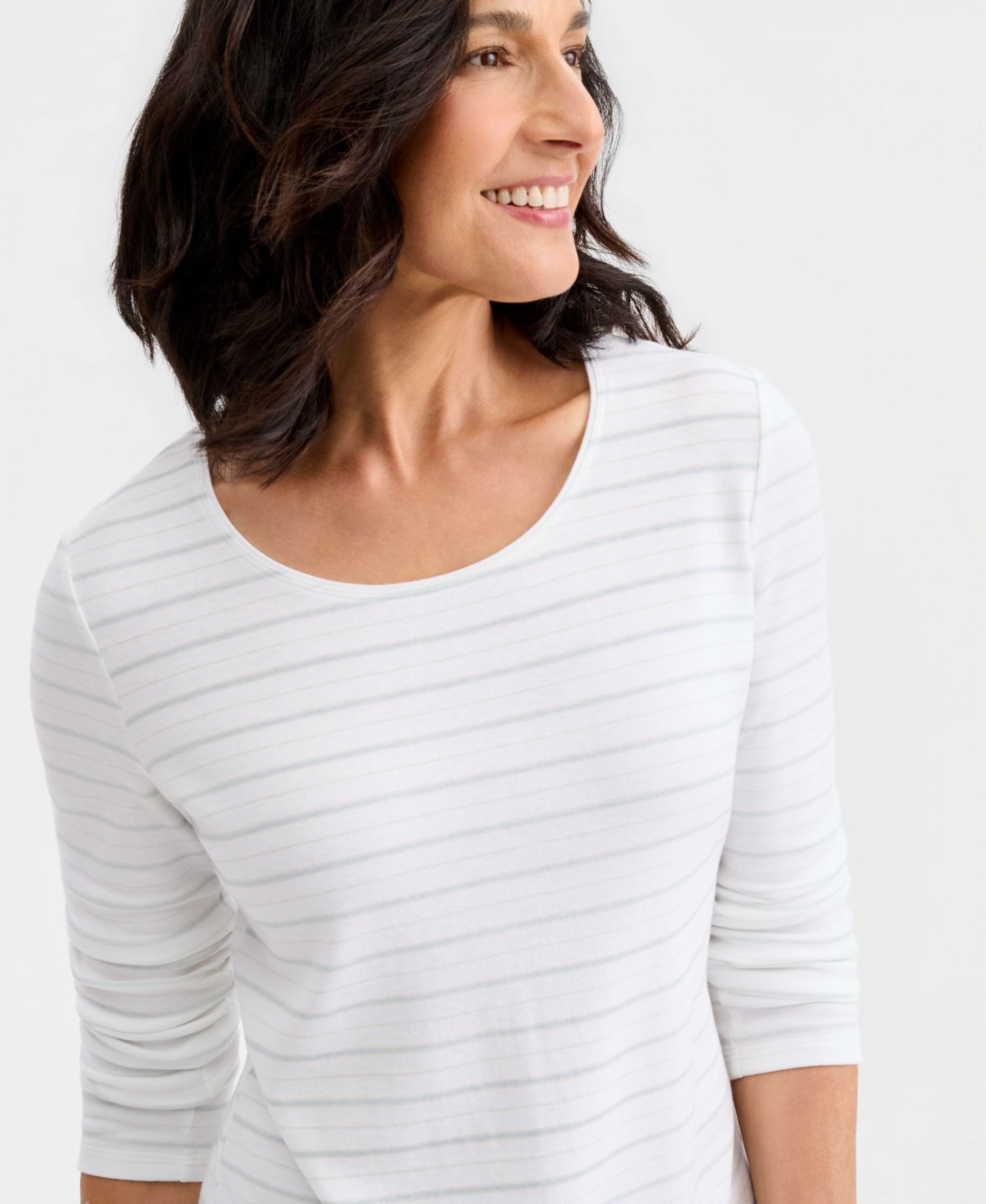 Petite Cotton-Blend Scoop Neck Long-Sleeve Double-Stripe T-Shirt