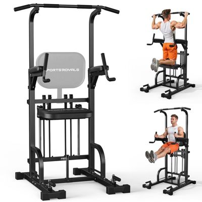 440LBS Assisted Pull Up Power Tower, Adjustable Resistance Dip Station with 2-in-1 Backrest, Multi-Function Strength Training Equipment