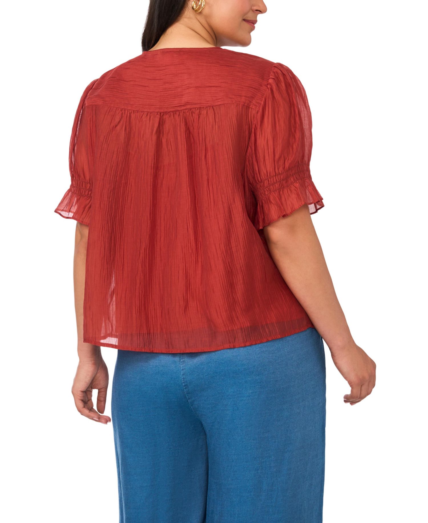 Plus Size V-Neck Puff-Sleeve Pintuck Top