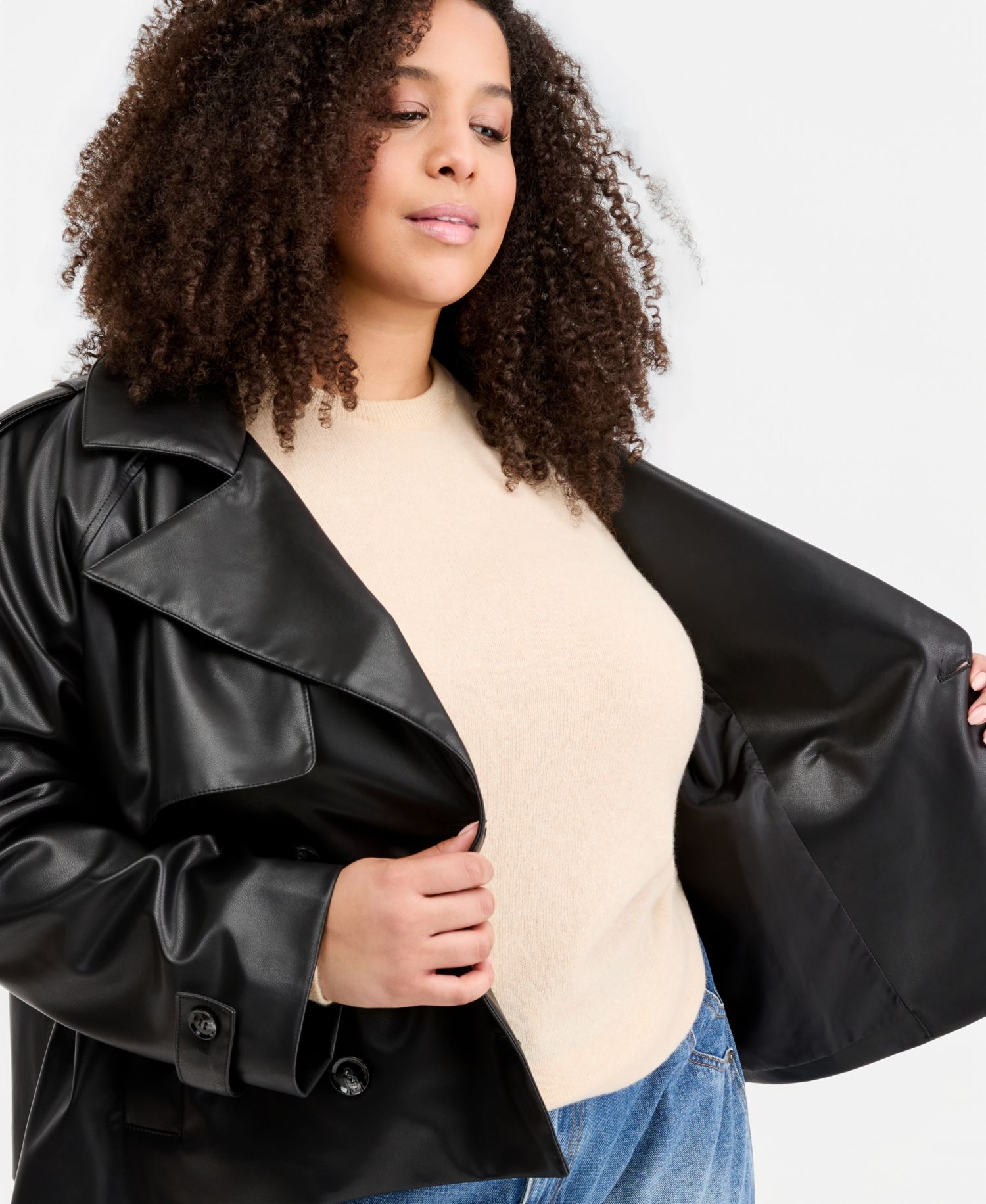 Trendy Plus Size Cropped Double-Breasted Faux-Leather Trench Coat