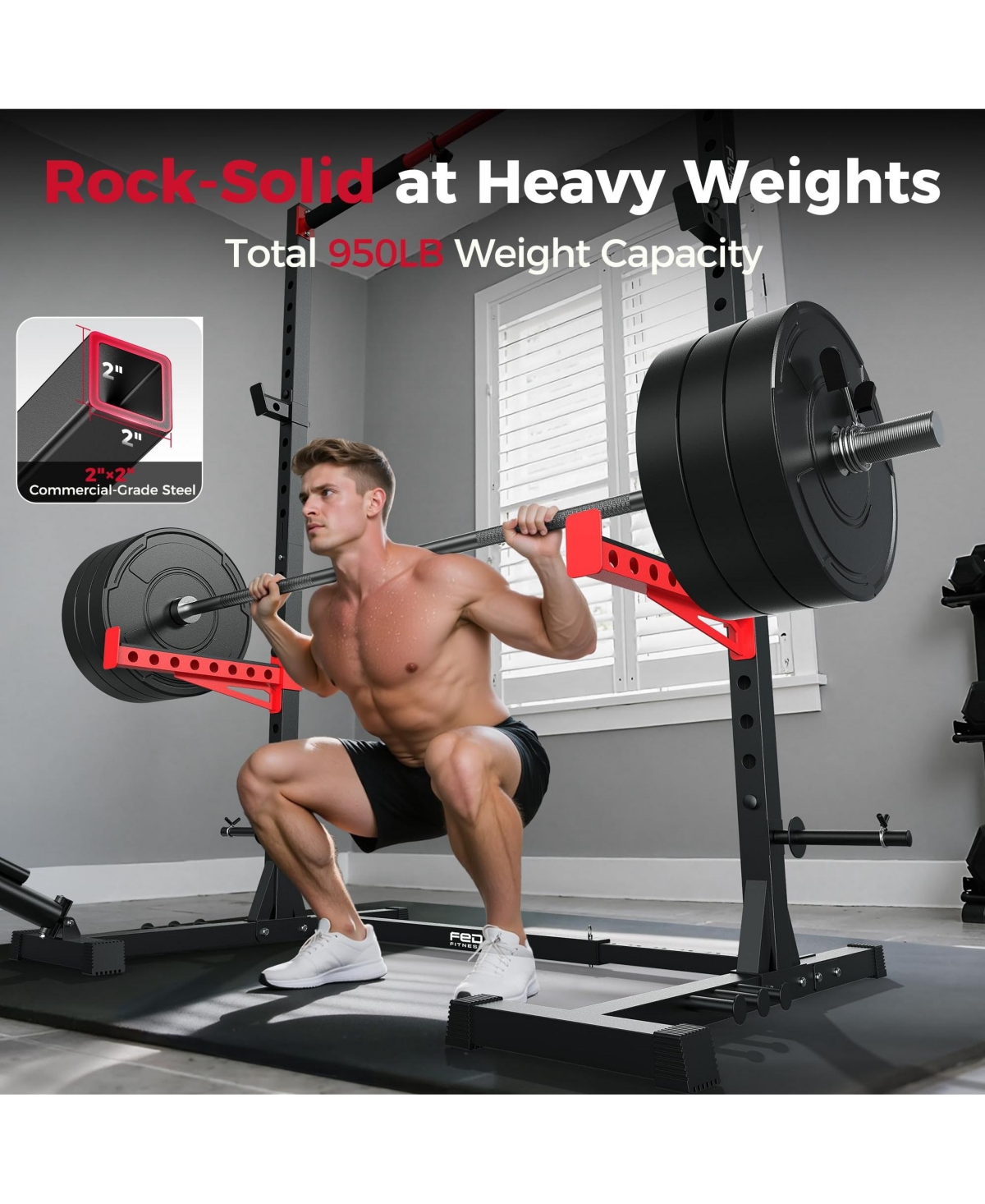 Fed Fitness Adjustable Squat Rack with Pull-Up Bar, Multi-Functional Power Rack Stand Fits 6FT/7FT Barbells, Home Gym Strength Training Equipment