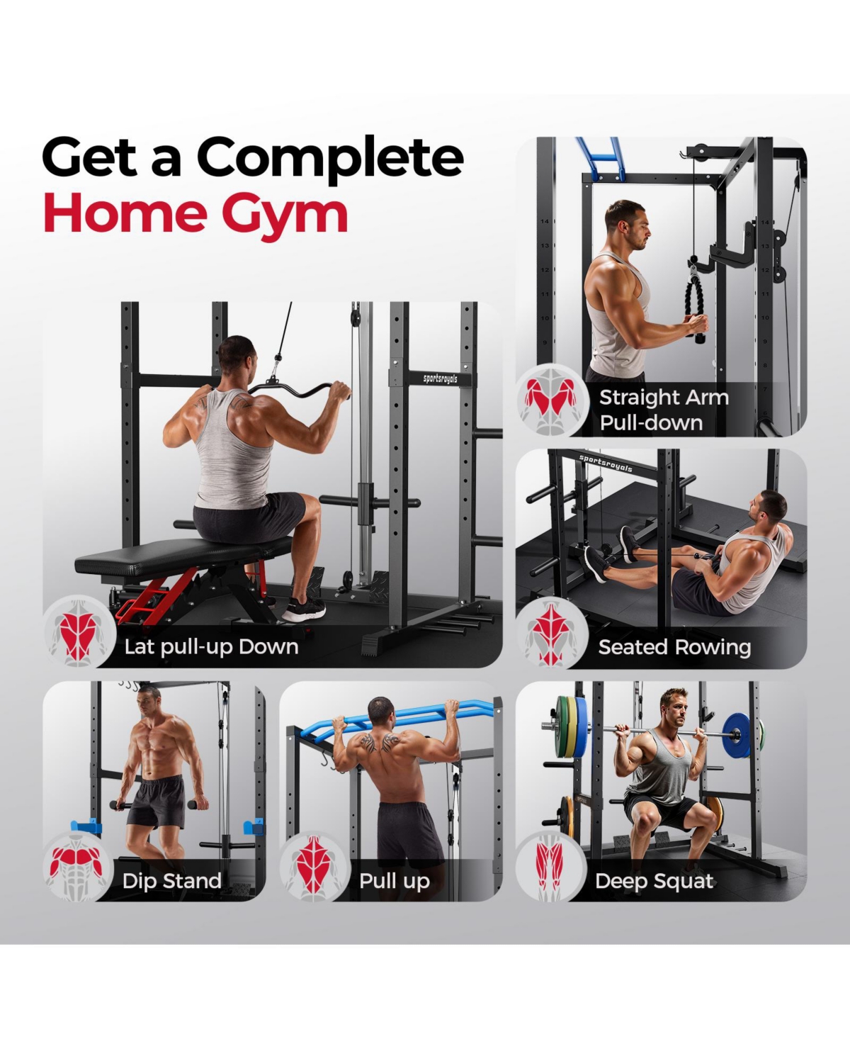 Fed Fitness 1200LBS Power Rack with Pulley System and Lat Pulldown, Multi-Functional Squat Cage J-Hooks for Home Gym