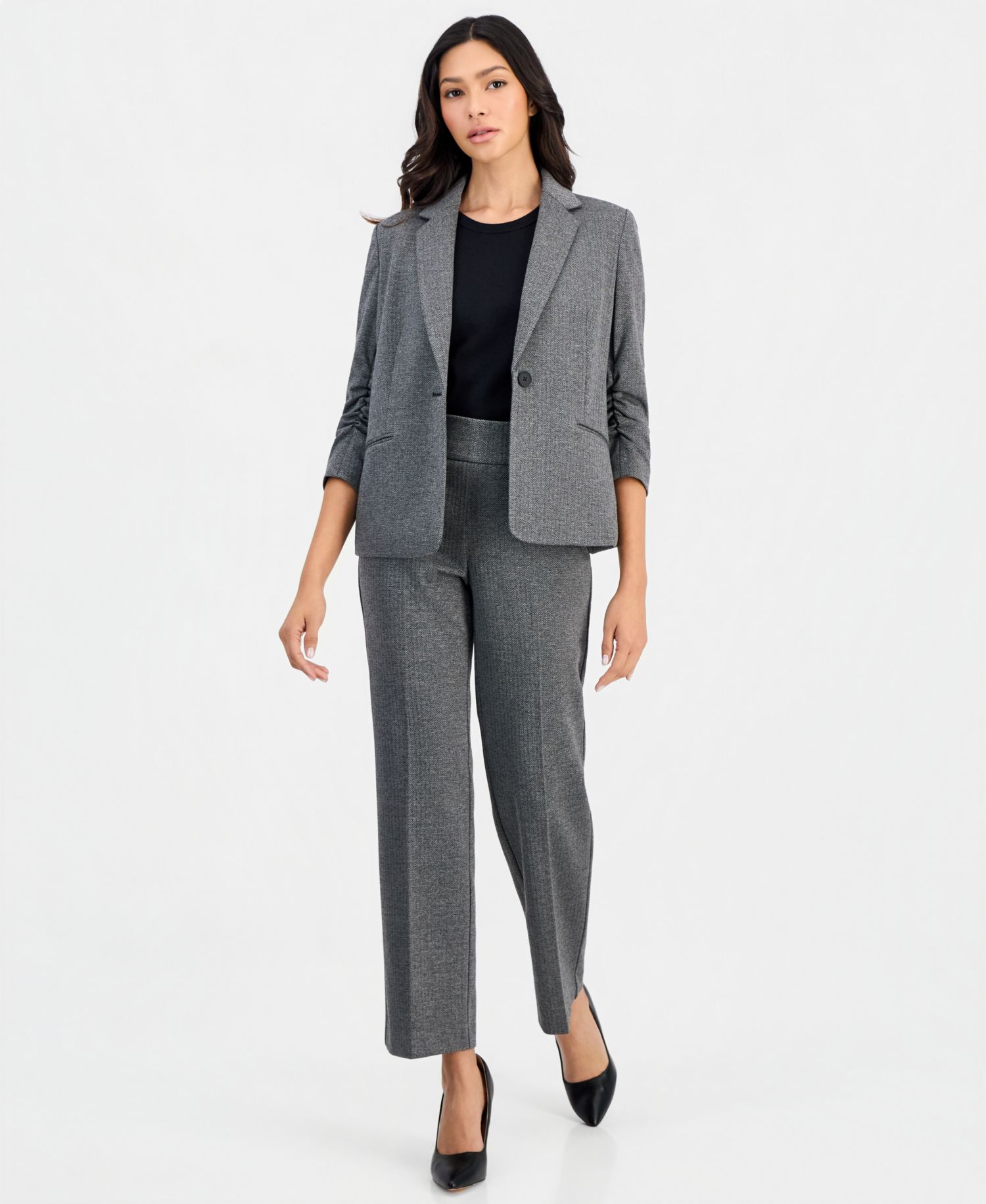 Petite Ponte One-Button Scrunch-Sleeve Jacket & NYC Compression Side-Tab Pull-On Pants