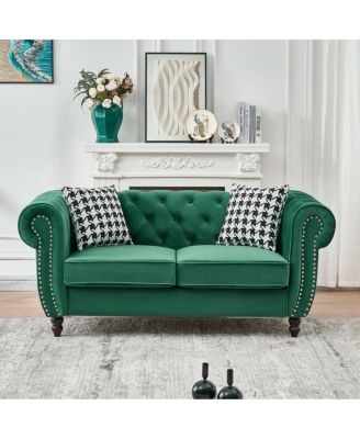 65" Chesterfield Velvet 2-Seater Sofa with Roll Arms and Nailhead Trim