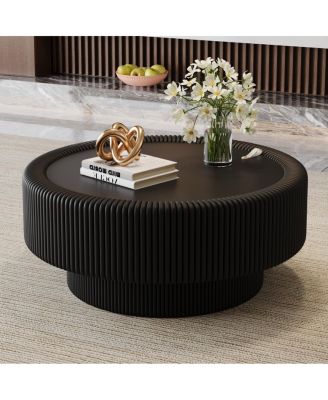 31.5" Fluted Round Leather and Glass Storage Coffee Table