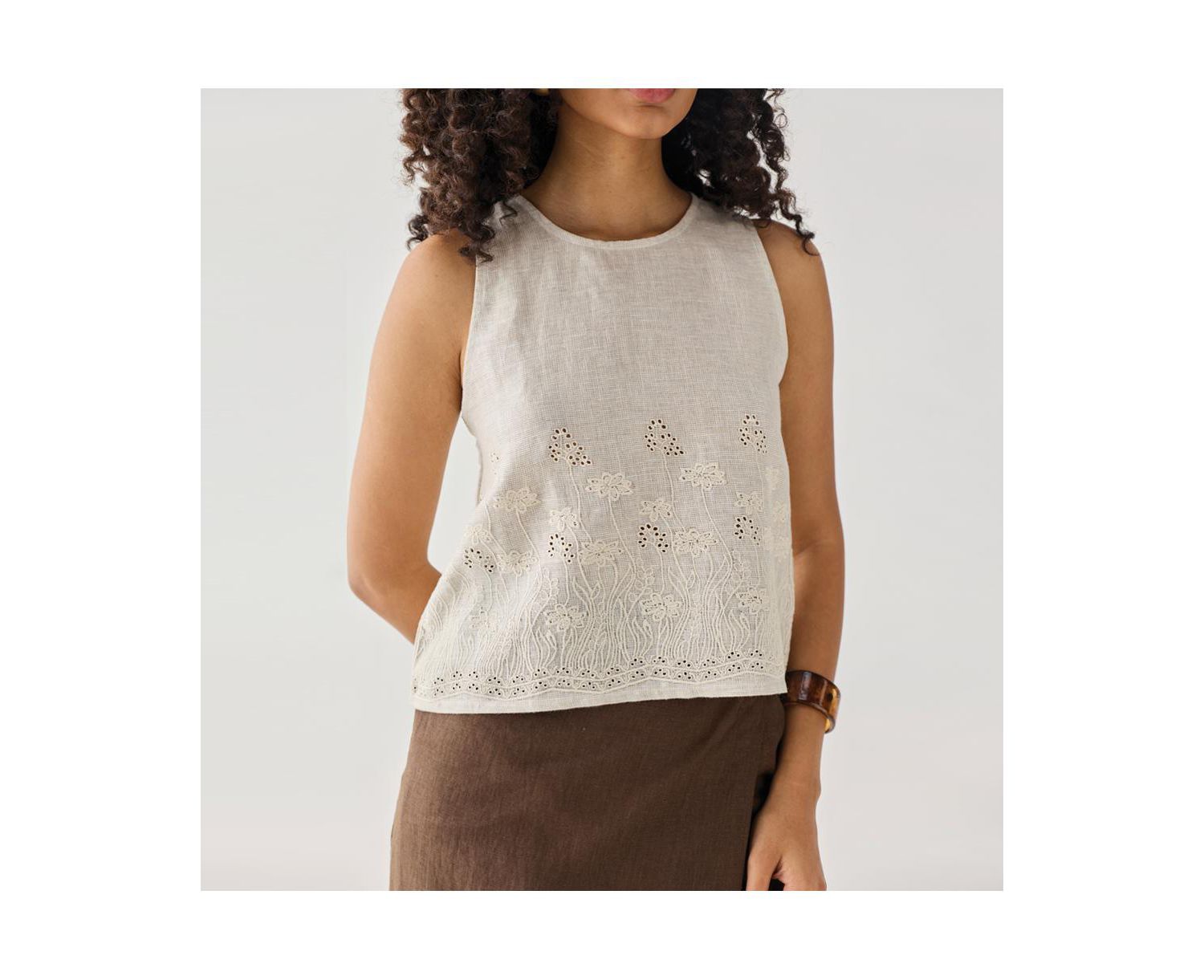 Women's Checkered Linen Embroidered Button-Back Top