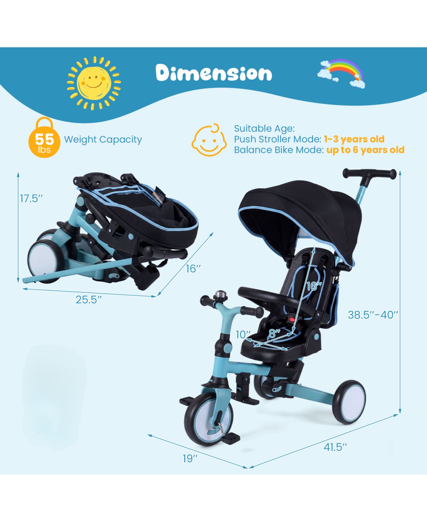 Детская игрушка Slickblue Toddler Tricycle 8-in-1 with Adjustable Push Handle, 55 lb. Capacity, Ages 1-6, цвет: Синий / Чёрный — фото 3