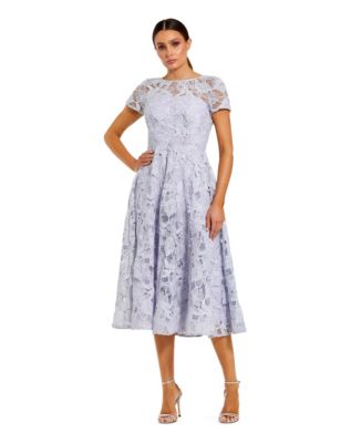 Women's Elegant Lace A-Line Midi Dress with Bow Detail