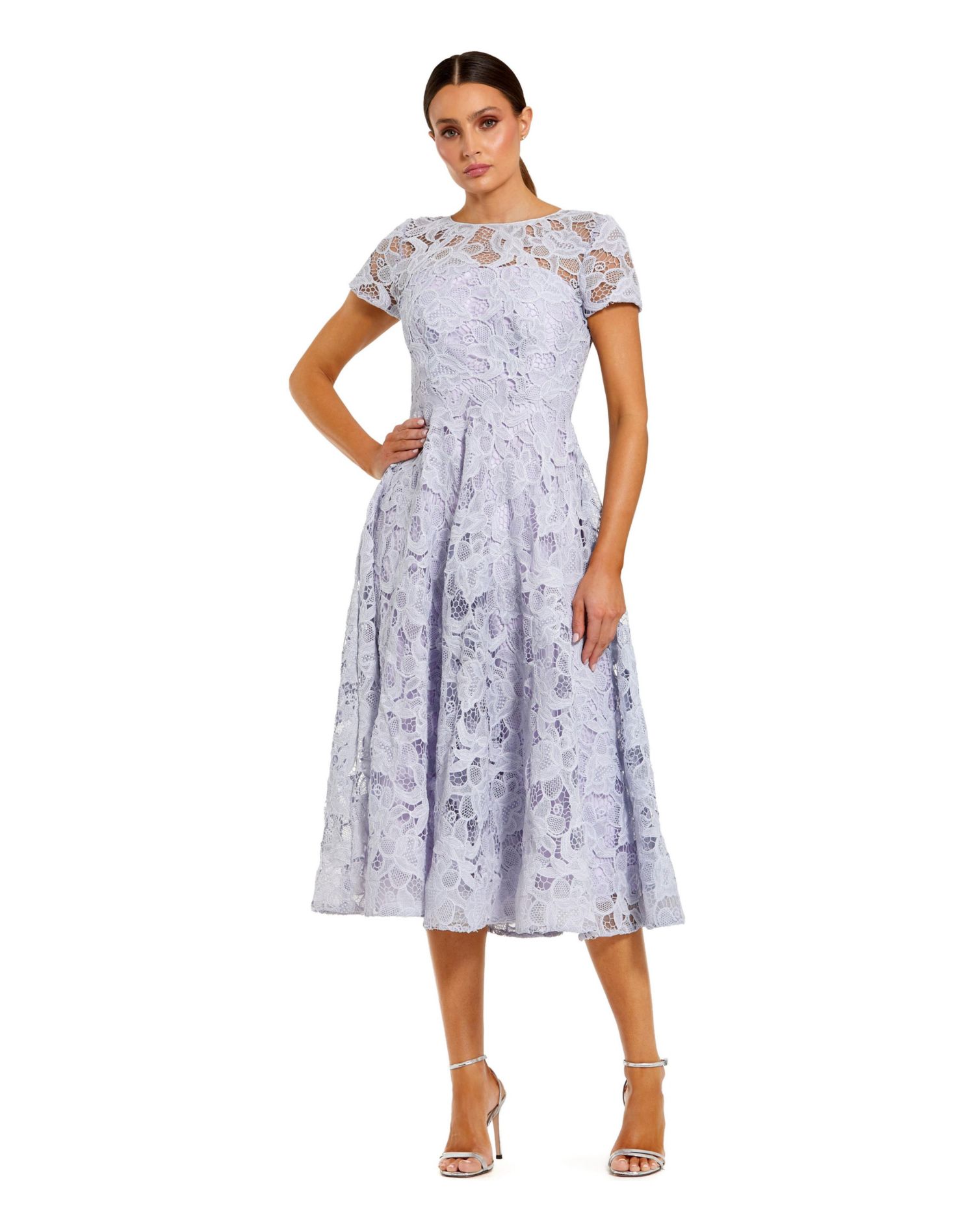 Women's Elegant Lace A-Line Midi Dress with Bow Detail