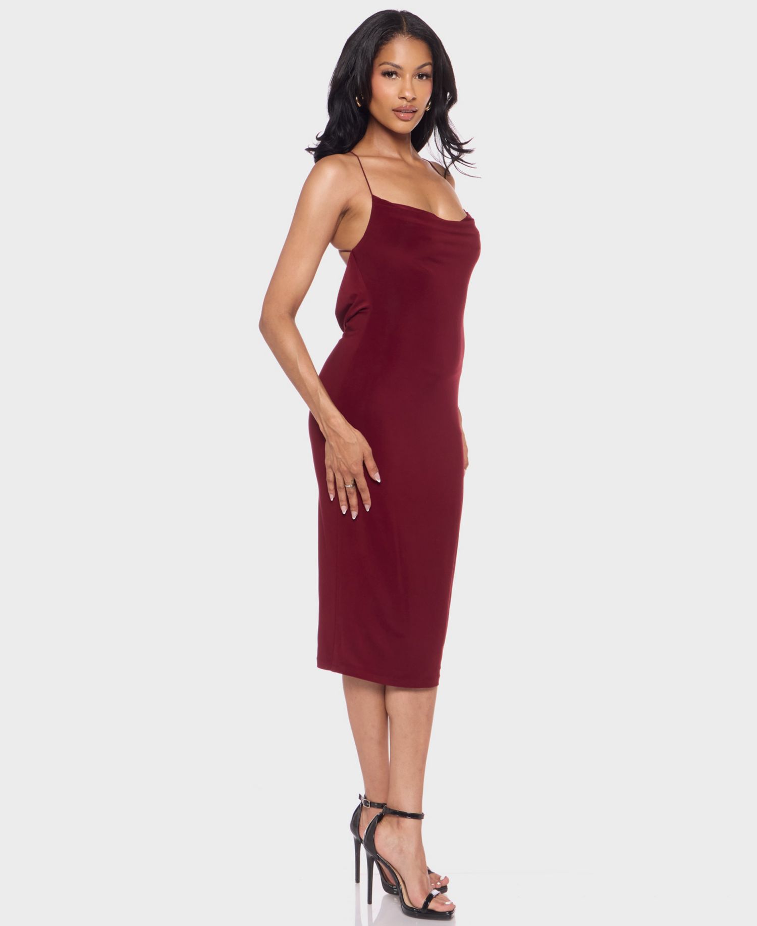 Juniors' Cowl Neck ITY Midi Dress with Bungee Cord Straps