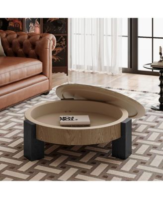 33'' Round Wood Coffee Table with Hidden Storage and 3 Block Legs