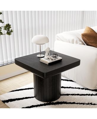 Modern Solid Wood Veneer Square End Table with Grooved Cylindrical Base