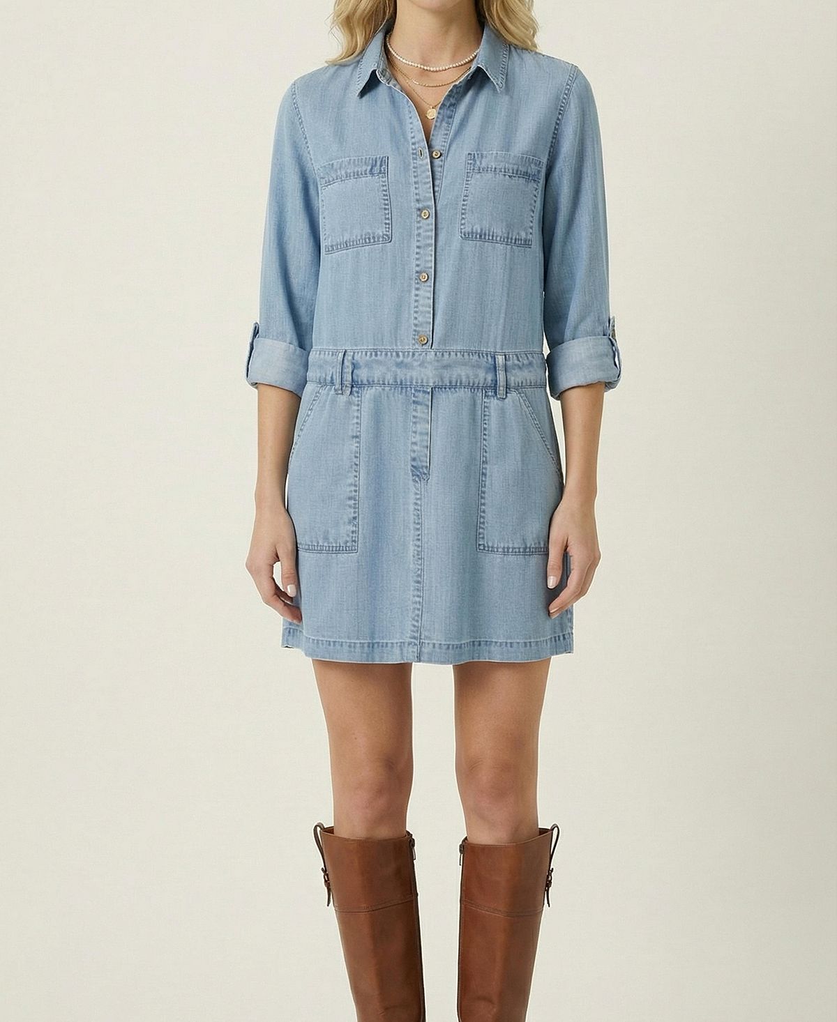 Modenaire Women's Long-Sleeve Button-Front Denim Mini Dress view 8 — MAYCSS fashion products