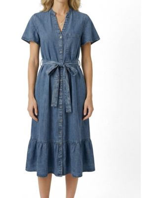 Women's Belted Denim Midi Shirt Dress