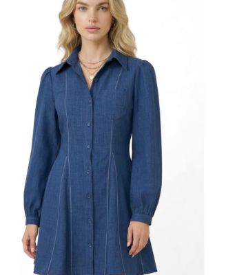 Women's Long-Sleeve Denim Contrast-Stitch Shirt Dress