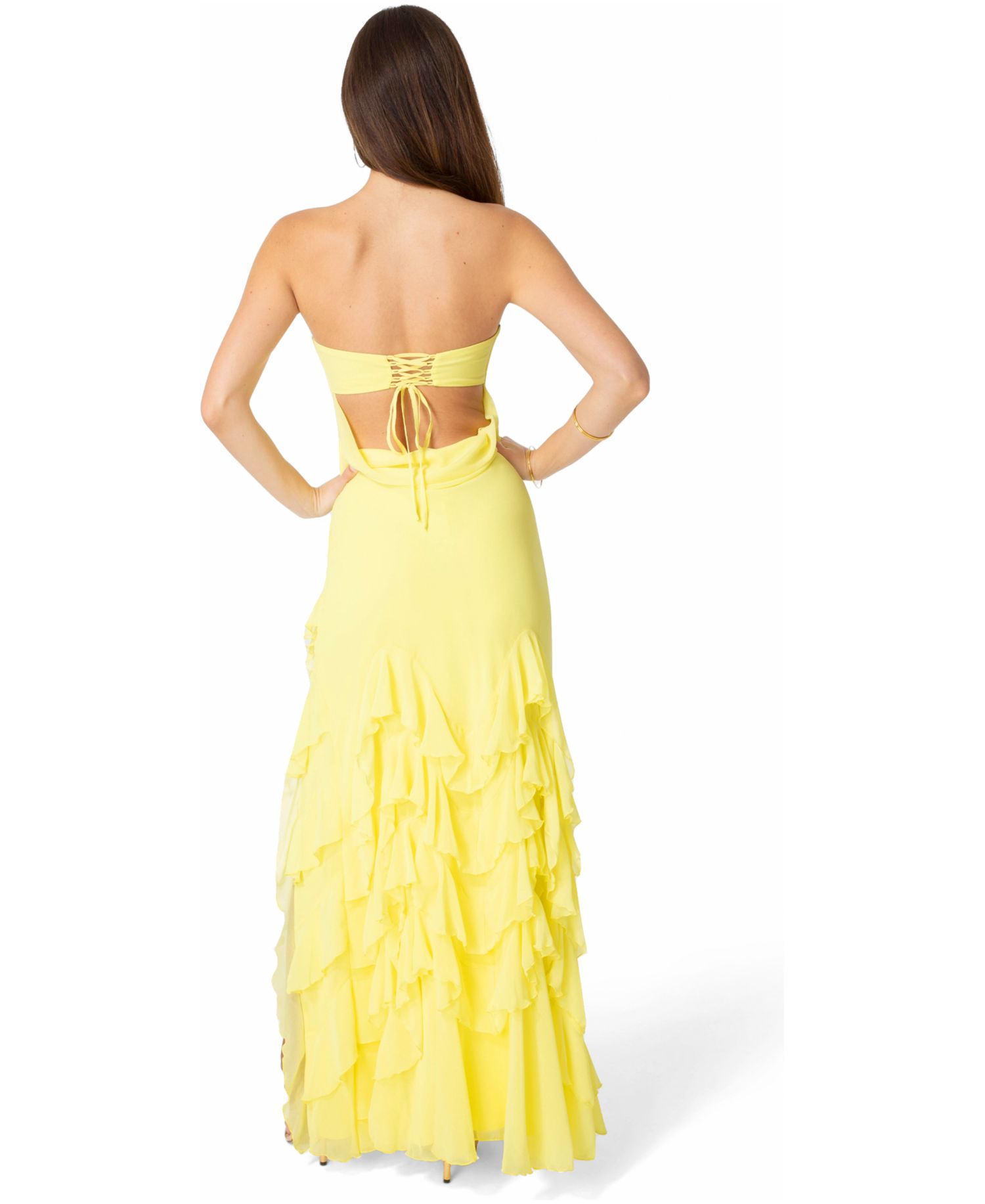 Women's Strapless Cascade Ruffle Chiffon Maxi Dress