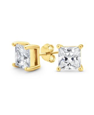 Square Cubic Zirconia 2 CT Solitaire Princess Cut Stud Earrings 14K Gold Plated .925 Sterling Silver