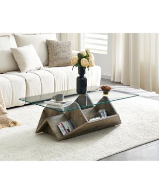 Tempered Glass and MDF Coffee Table with Carved Wood Grain and Storage