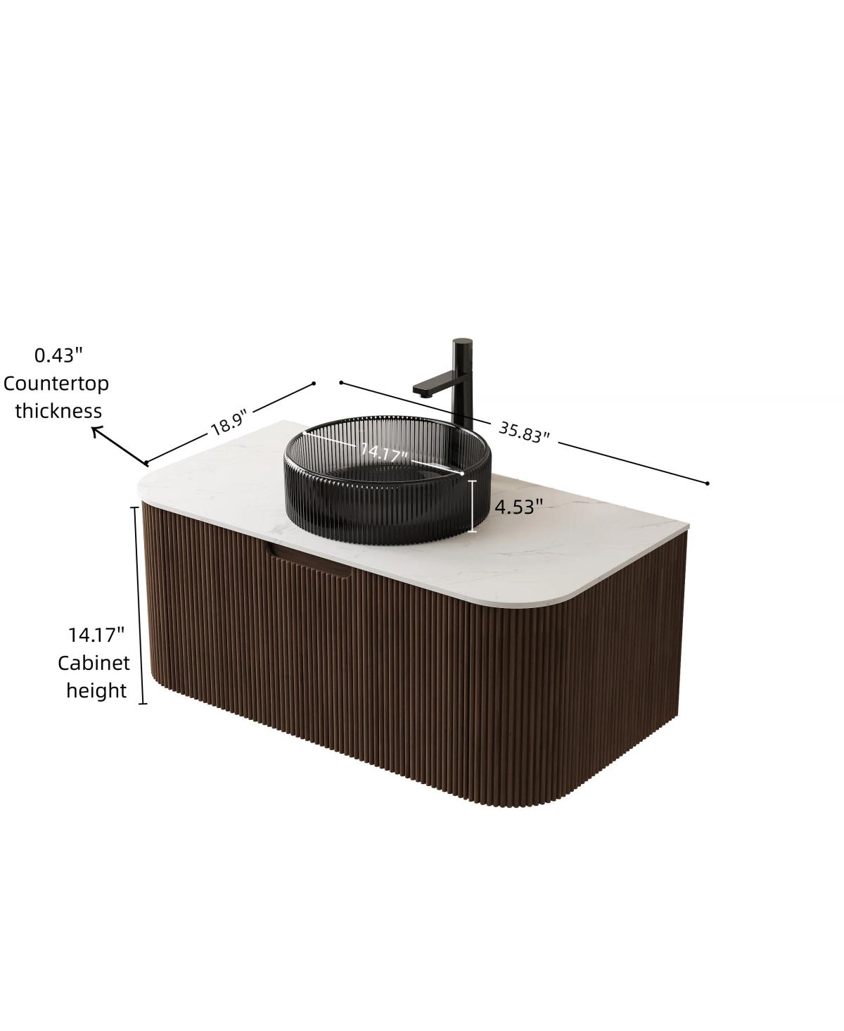 Sillysis Wall Mounted Bathroom Vanity with Crystal Glass Vessel Sink, Wood Grain Cabinet