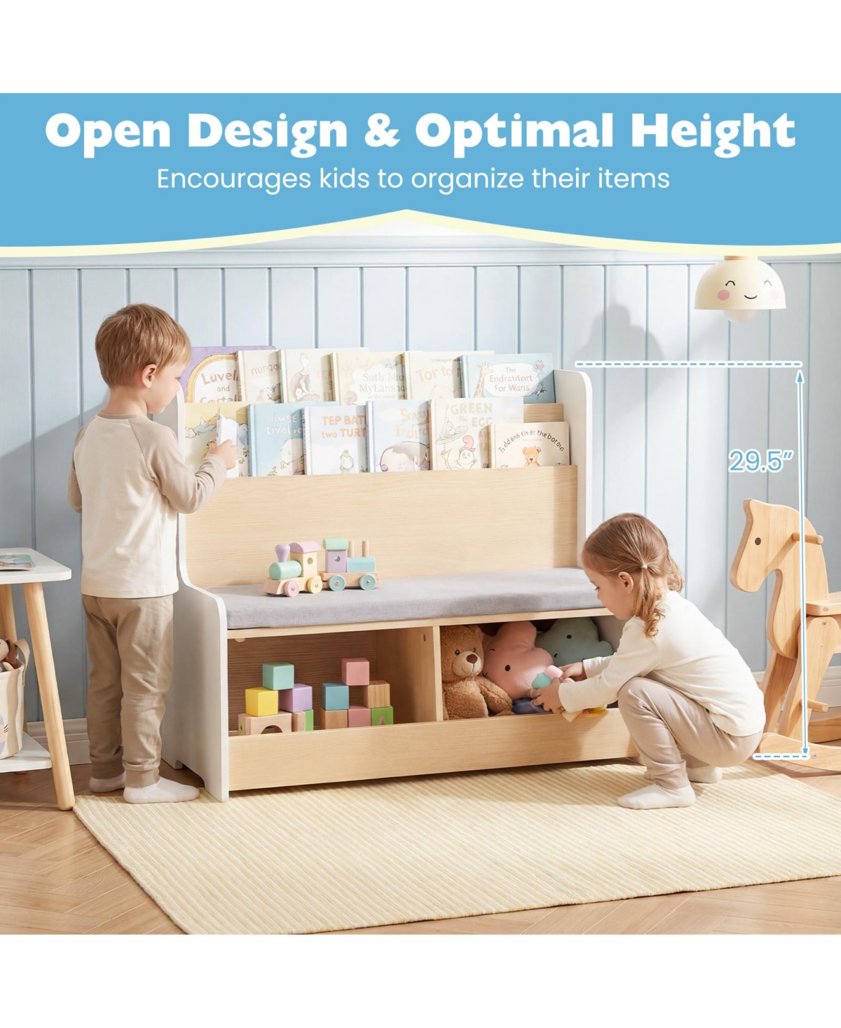 Gymax Kids Reading Nook with Bench Bookshelf and 2 Cubbies Removable Padded Seat Cushion