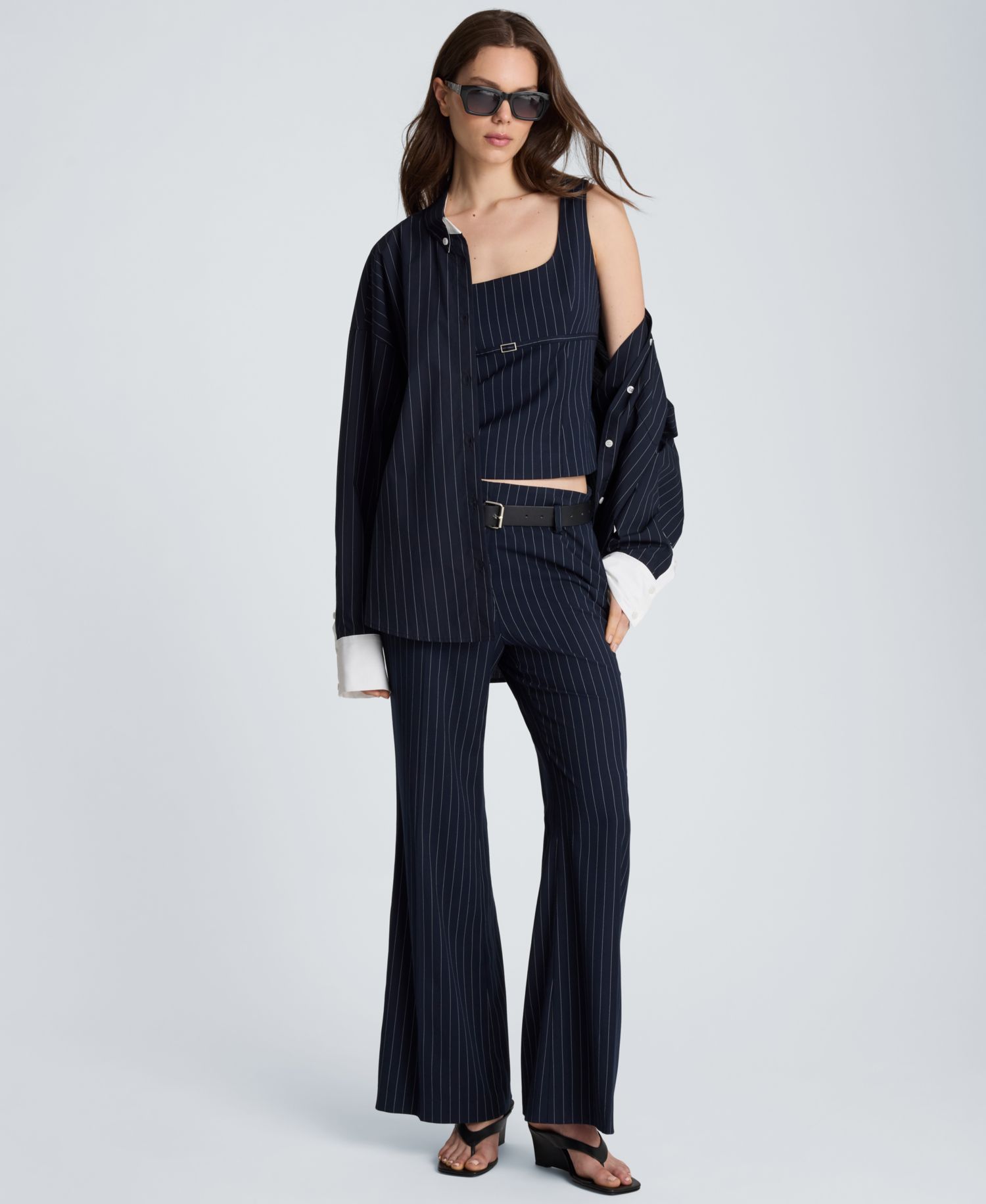 Women's Pinstripe Belted Flare Pants