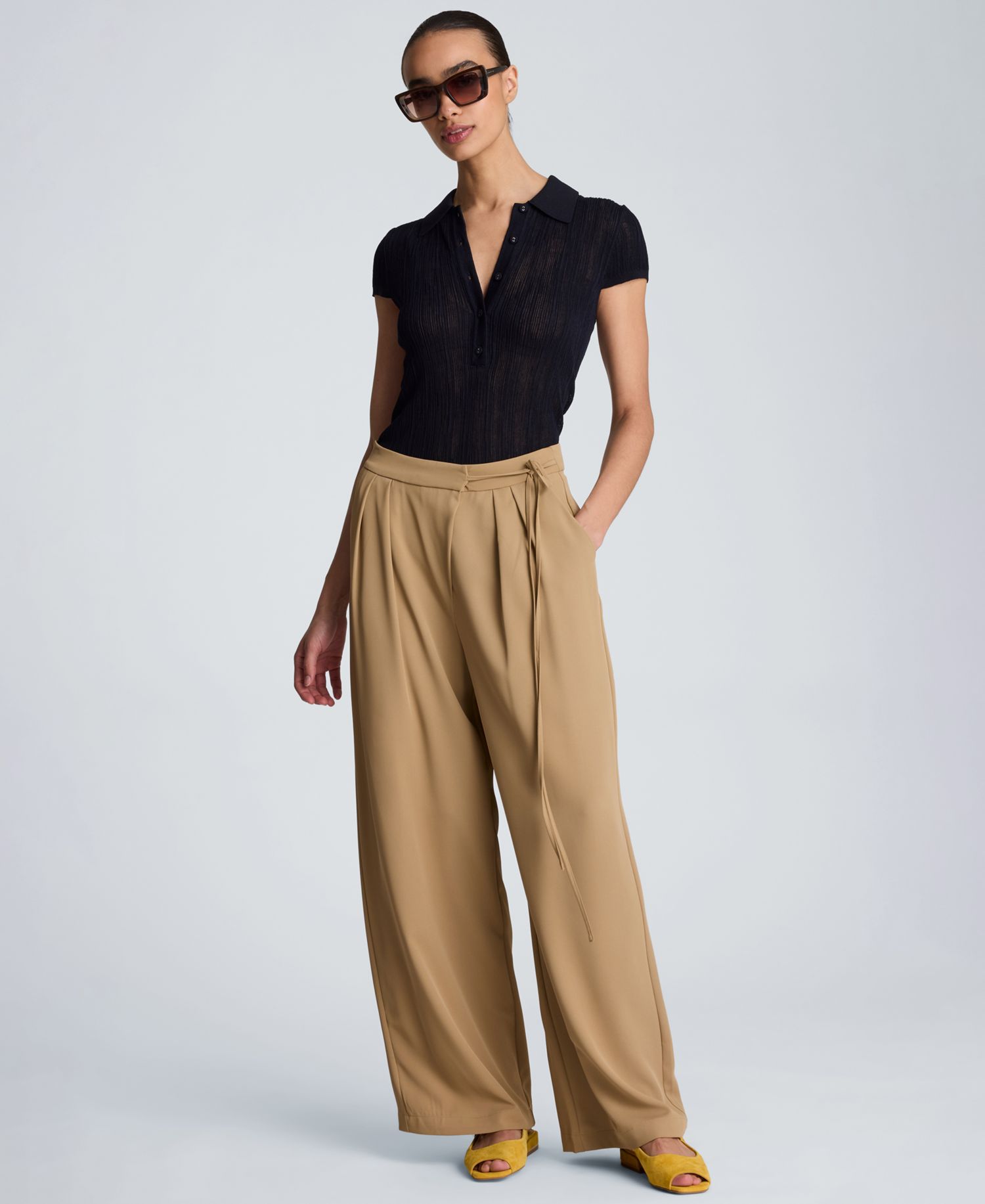 Women's High Rise Fly Front Double Pleat Asymmetric Wide Leg Pants