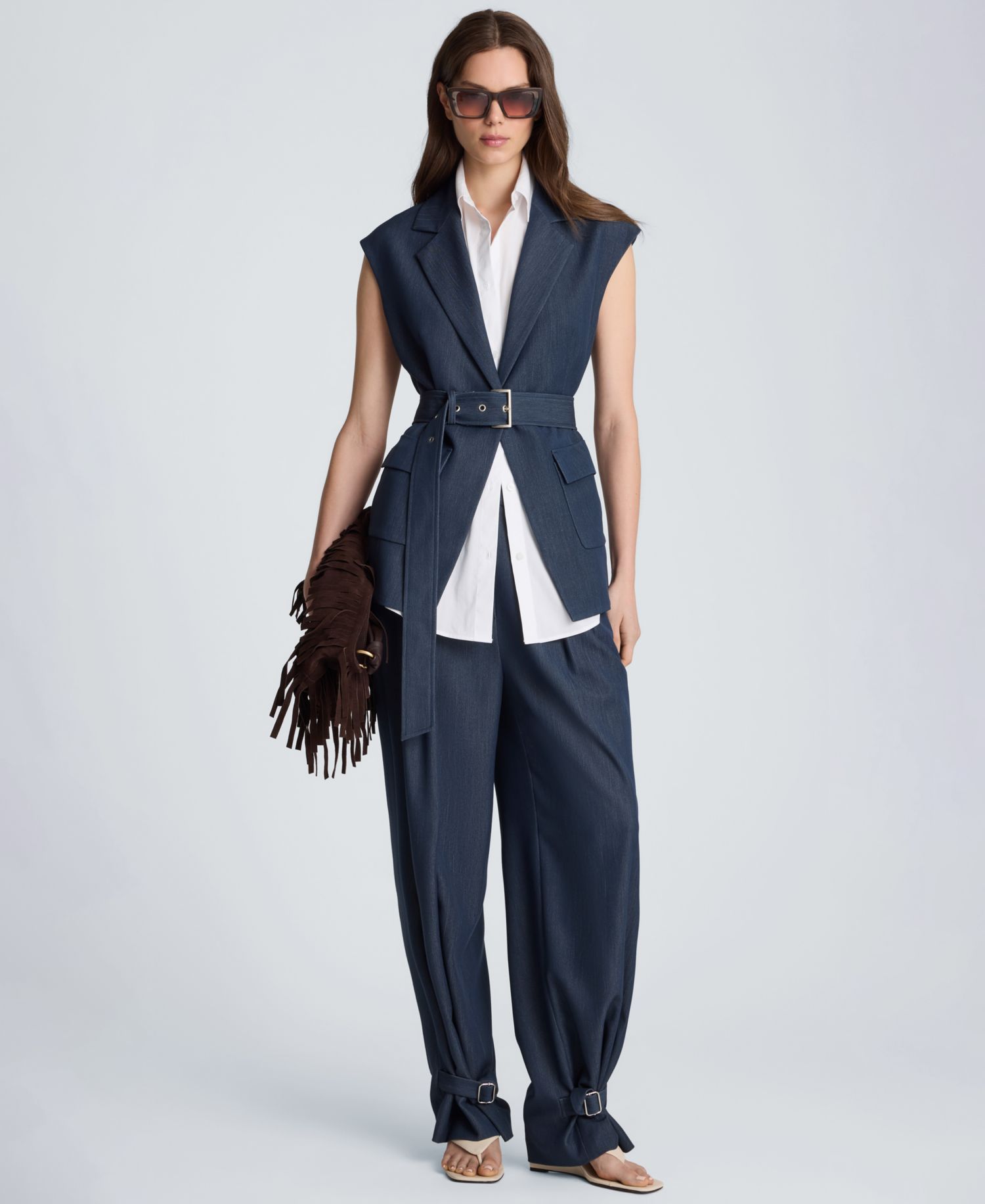 Women's Belted Notch Collar Vest with Detachable Shirt