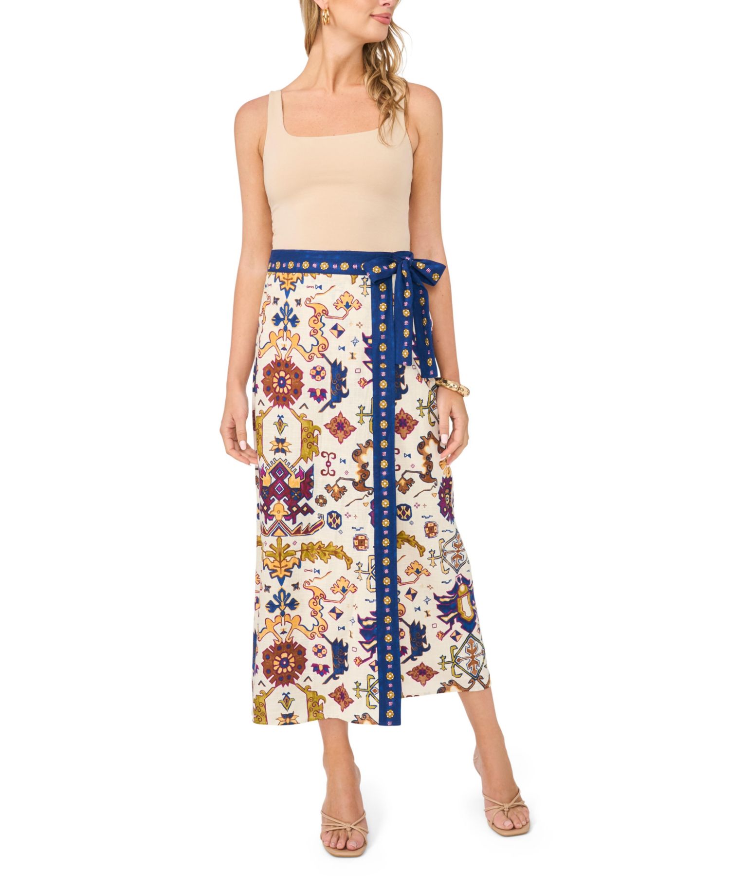 Women's Printed Faux Wrap Midi Skirt