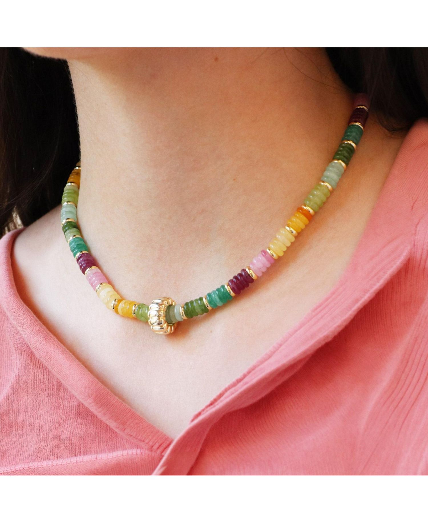 Rainbow Bead Rondel Necklace 18K Gold Plated Over Brass