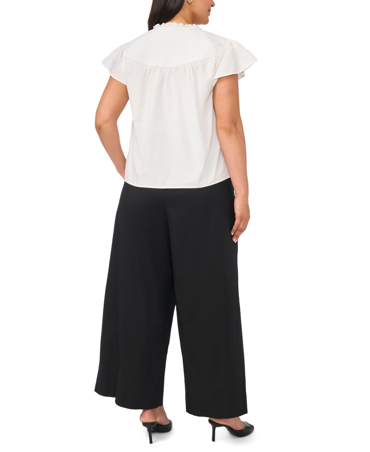 Plus Size Flutter-Sleeve Split Neck Front Yoke Blouse