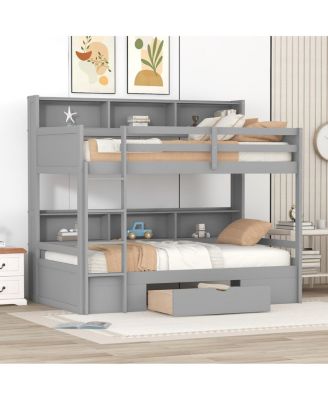 Twin Bunk Bed with Built-in Shelves and Storage Drawer
