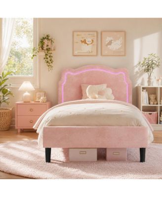 Kids Upholstered Platform Bed with Bear-Shaped Adjustable Headboard and RGB LED Lights, App/Remote Control, No Box Spring Needed